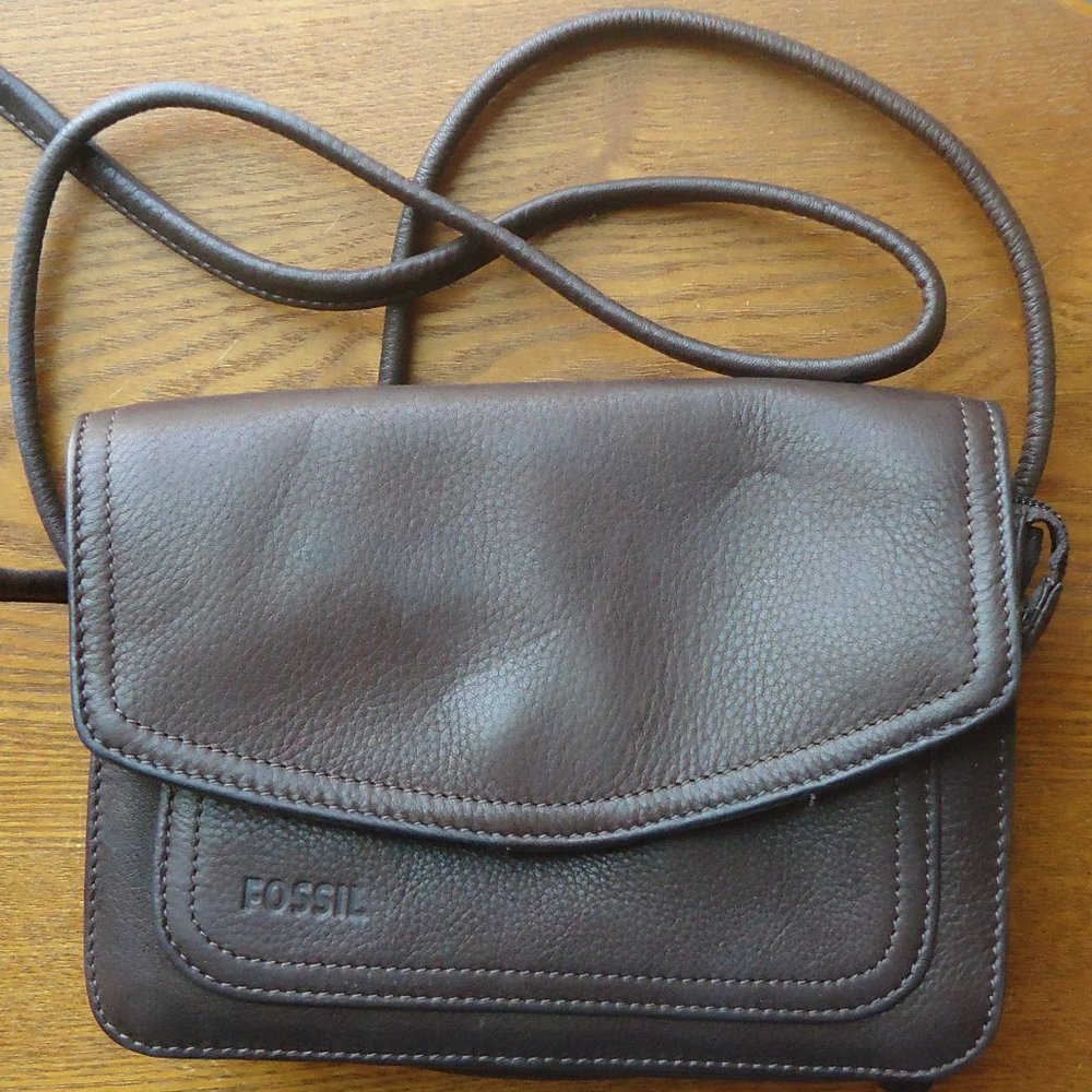 FOSSIL brown leather mini flap crossbody bag.